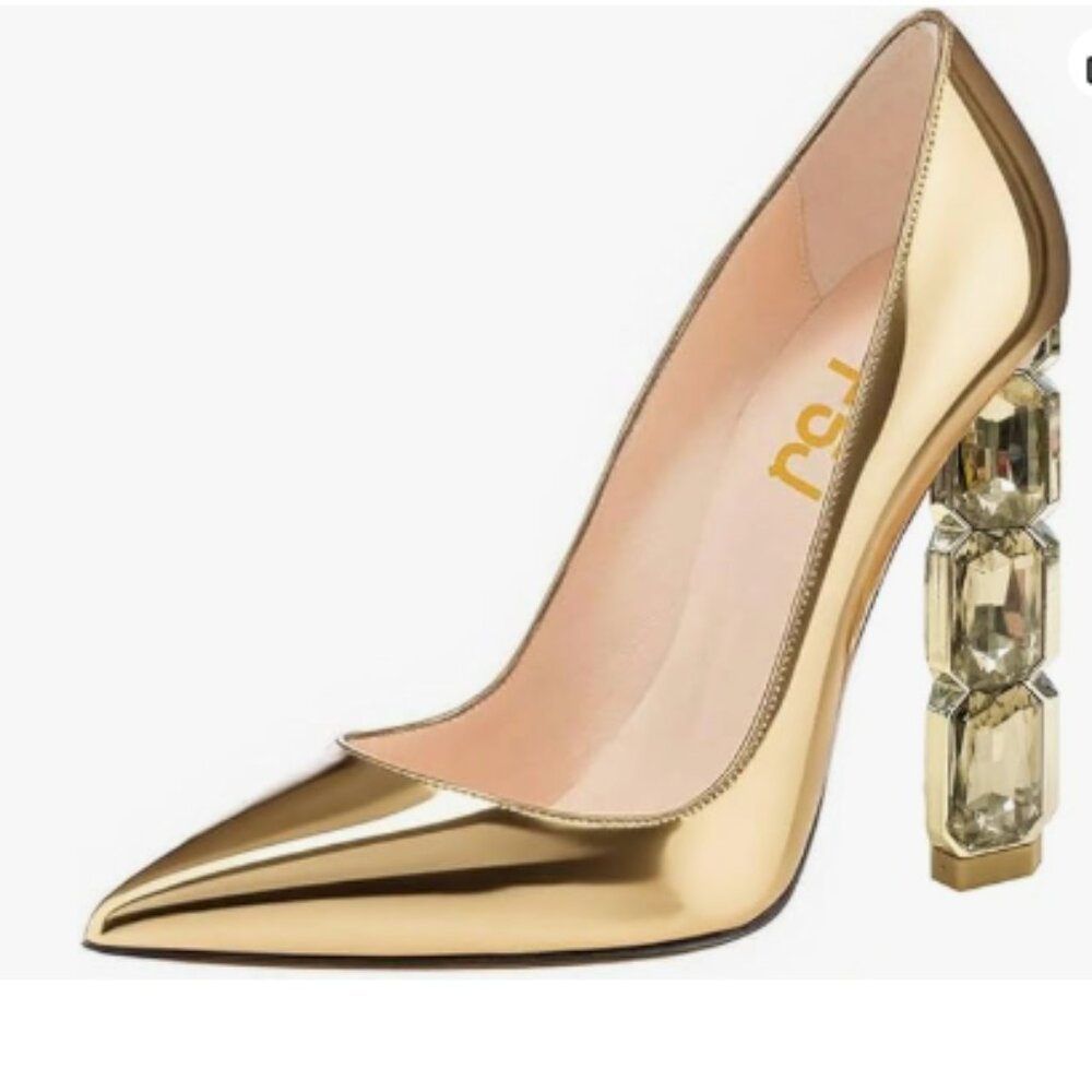 FSJ Gold Jeweled High Heel Pointed Toe Slip On Sparkling Crystal Bead Heel Pump